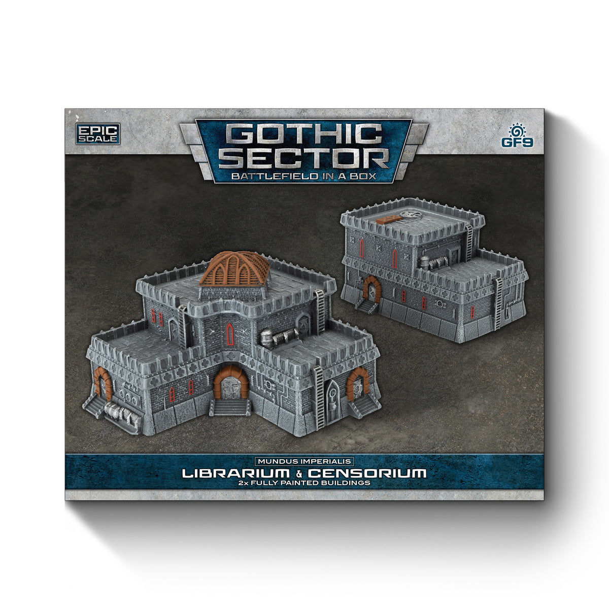 Product: Two grey Gothic miniature buildings (Librarium &amp; Censorium) for &#39;Battlefield in a Box&#39; wargame terrain