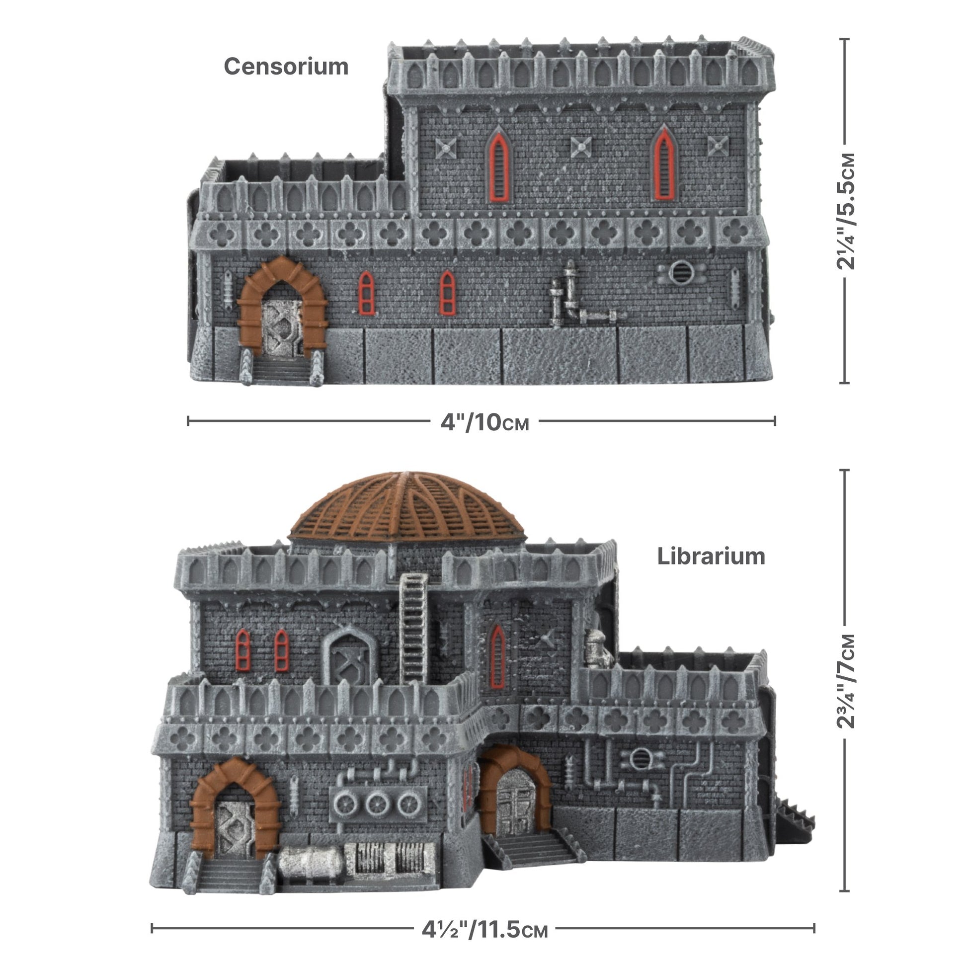 Two dark gray miniature gothic-industrial buildings: Censorium and Librarium, Features include red windows, brown arches, and dimensions