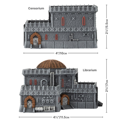 Two dark gray miniature gothic-industrial buildings: Censorium and Librarium, Features include red windows, brown arches, and dimensions