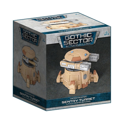 A product box for a Gothic Sector Sentry Turret from Battlefield in a Box, featuring a tan and grey sci-fi turret model with twin cannons