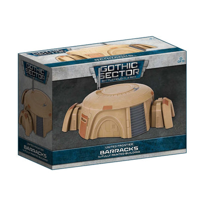 A product box for Gothic Sector United Frontier Barracks, showing a tan, futuristic modular building with a domed roof and attached sections