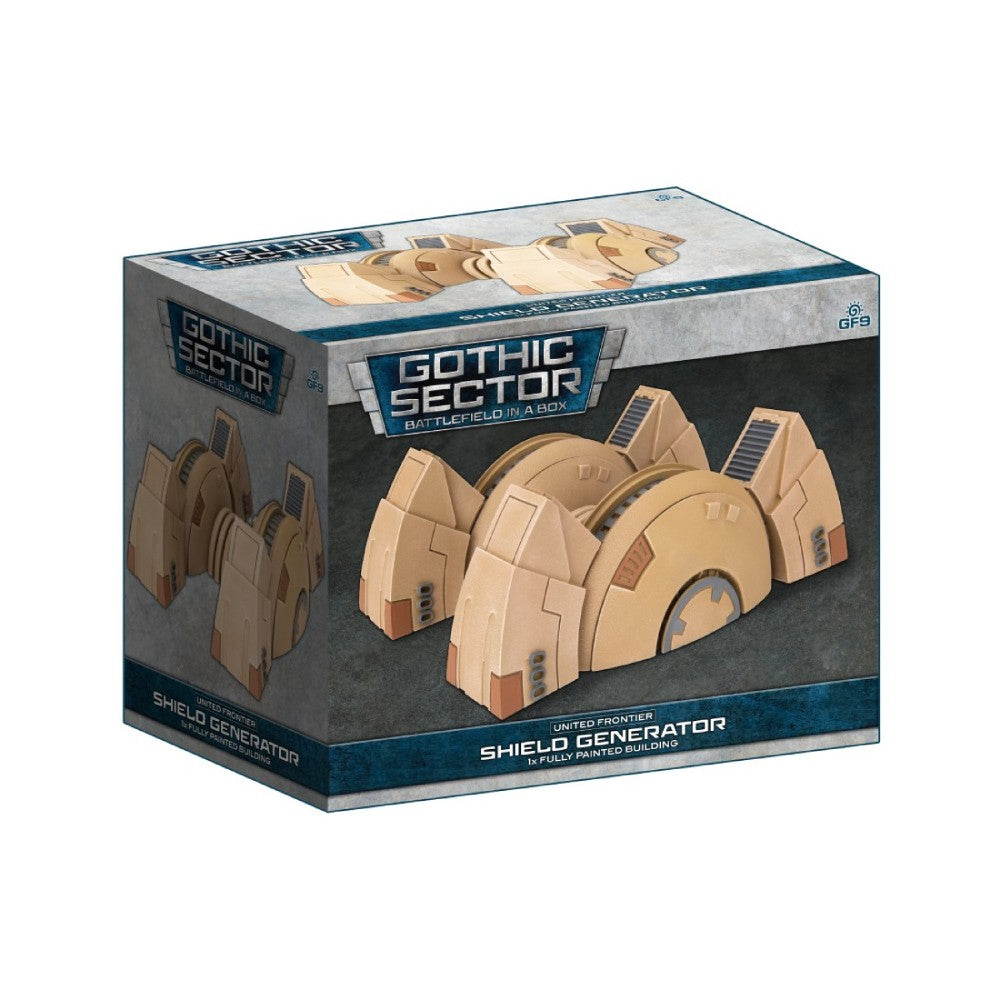 A product box for a Gothic Sector Shield Generator, displaying a tan sci-fi building model with curved and angled armor sections