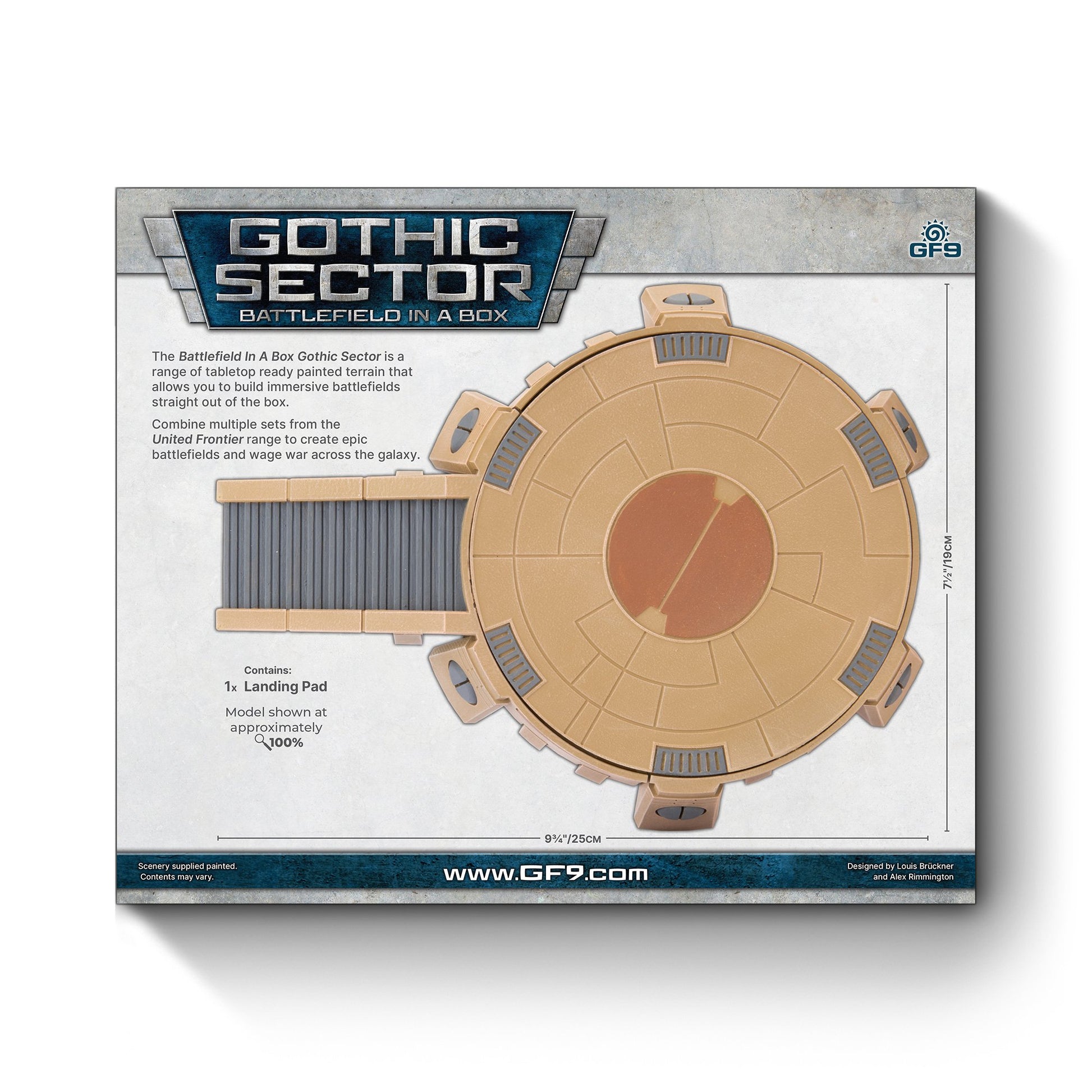 A tan, circular sci-fi landing pad model with a ramp, for GF9 Gothic Sector tabletop terrain