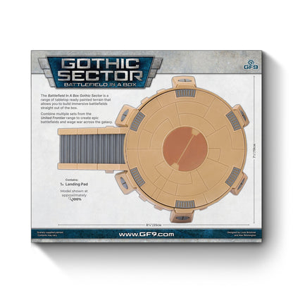 A tan, circular sci-fi landing pad model with a ramp, for GF9 Gothic Sector tabletop terrain