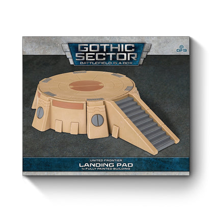 A tan, circular sci-fi landing pad model with a grey staircase for tabletop gaming terrain