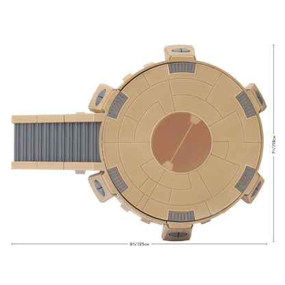 Tan sci-fi circular platform with a grey textured ramp, overhead view. Measures 9Â¾" x 7Â½"