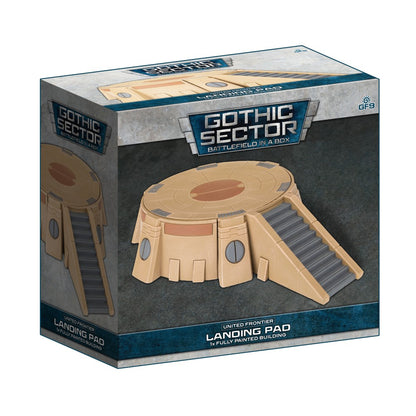 A tan, circular 'Gothic Sector' landing pad terrain model with stairs, displayed on its product box