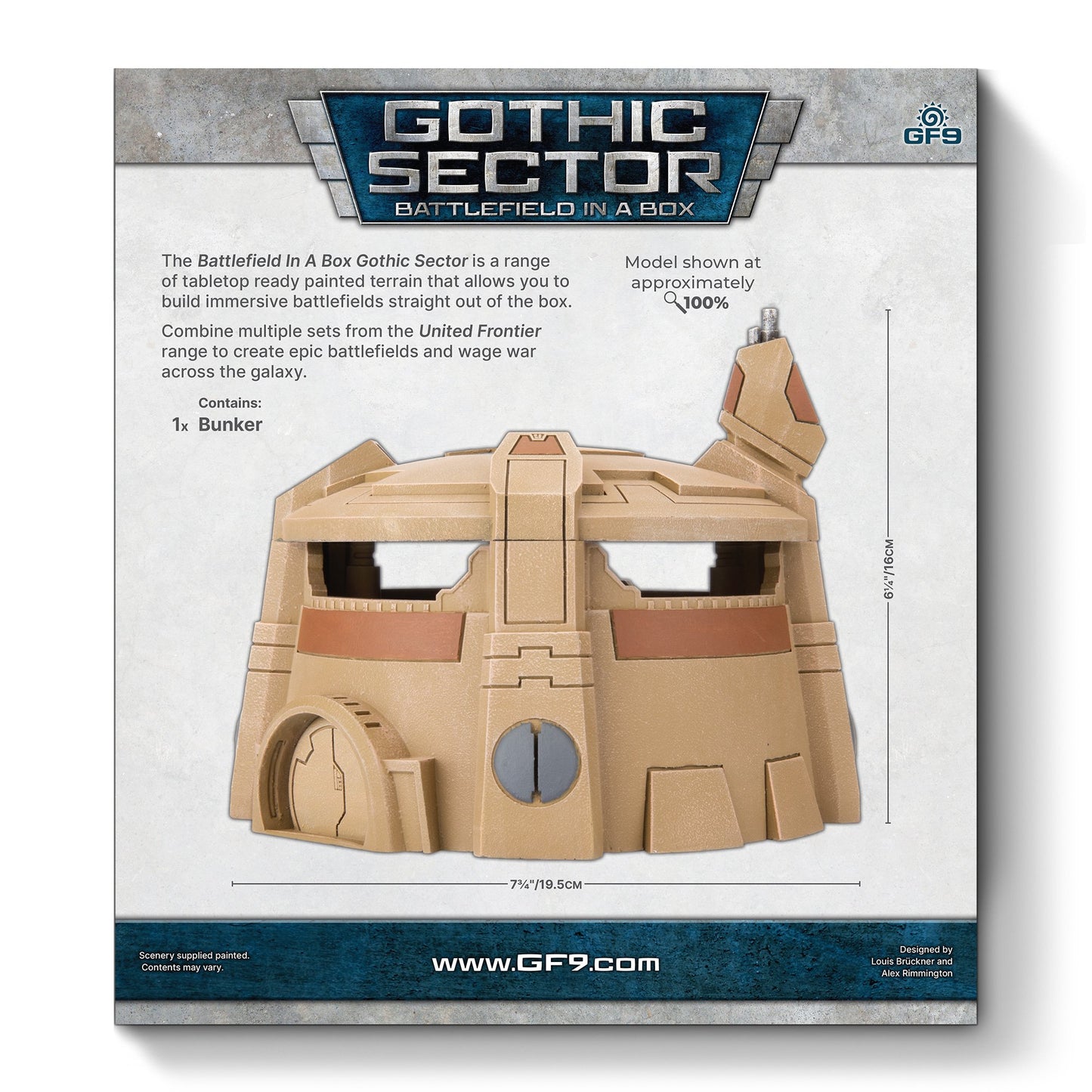 A tan sci-fi bunker model from the Gothic Sector 'Battlefield in a Box' terrain set, with dimensions shown