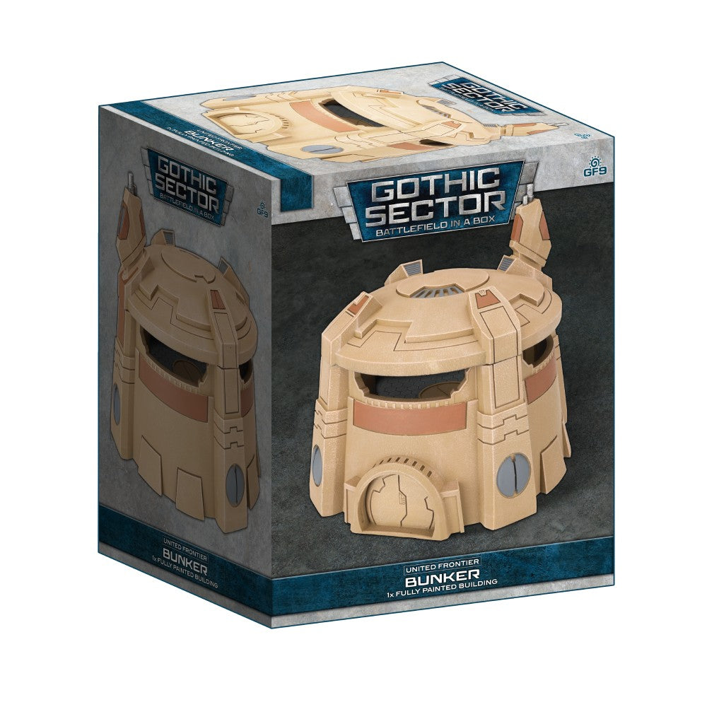 A beige futuristic bunker model displayed next to its "Gothic Sector" product box