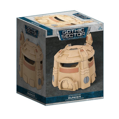 A beige futuristic bunker model displayed next to its "Gothic Sector" product box
