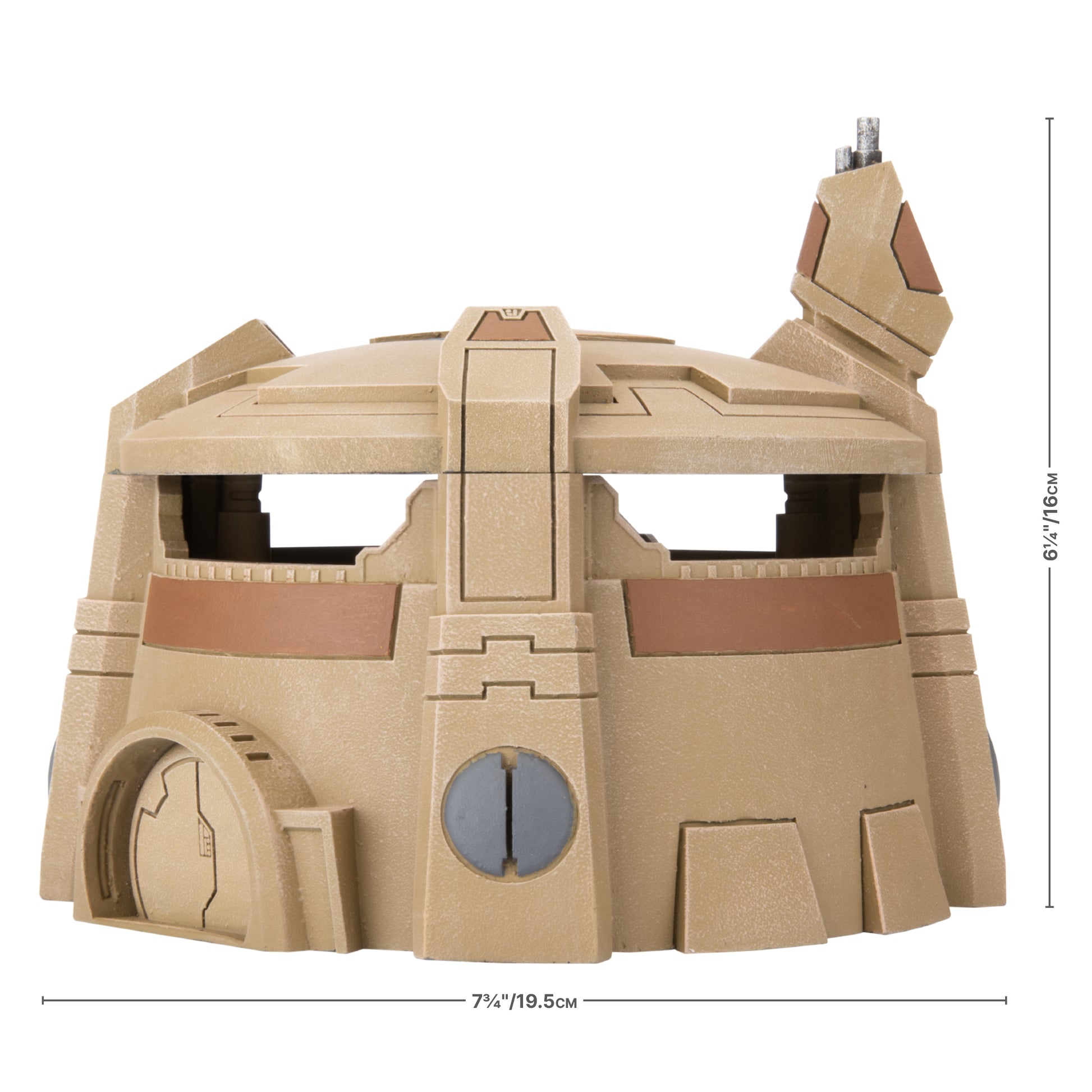 A tan, textured sci-fi bunker with brown accents, multiple open observation windows, and a small antenna on its roof