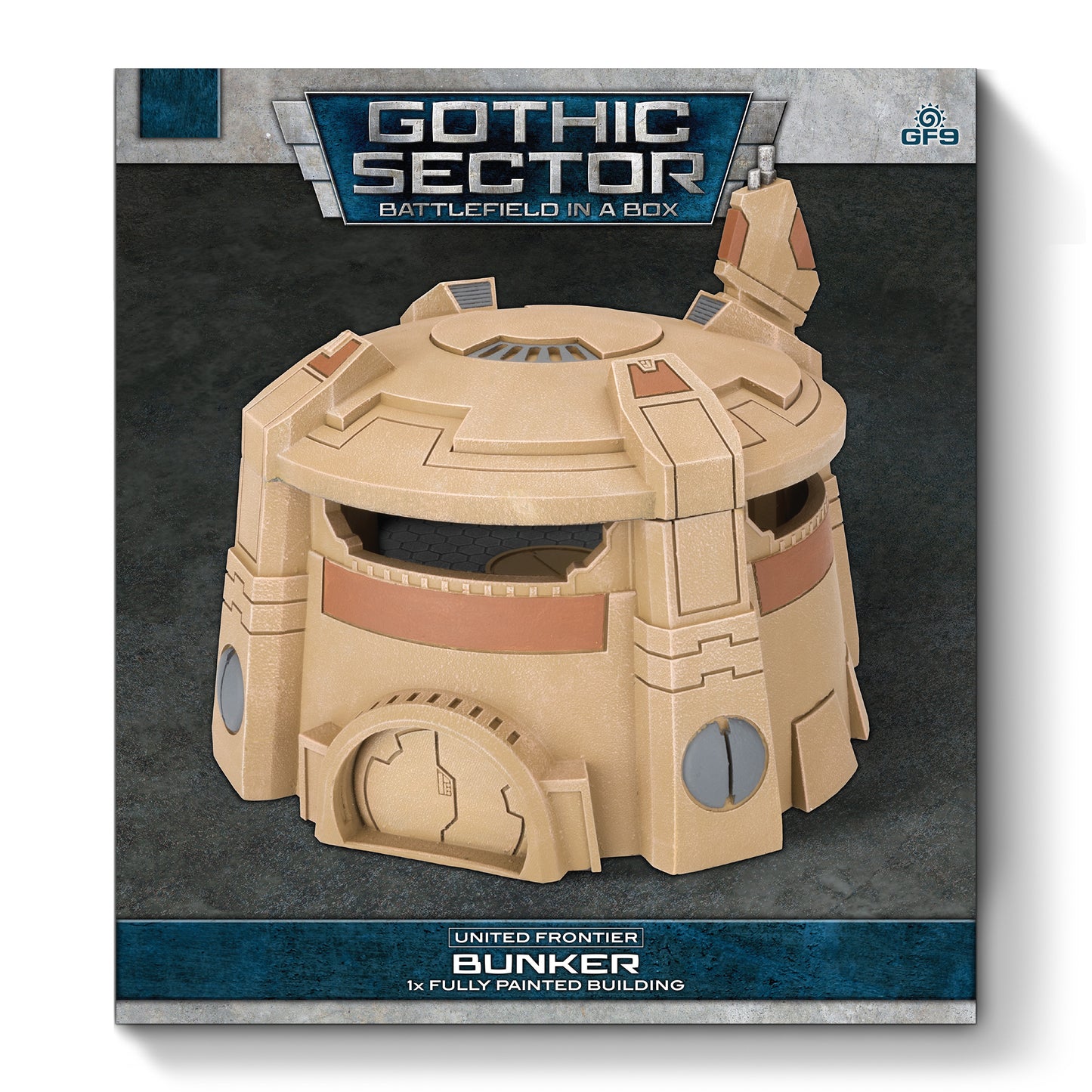 A tan, fully painted sci-fi bunker model with firing slits and a domed roof for a wargame