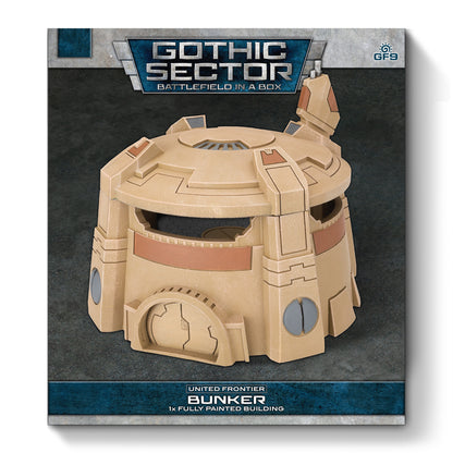 A tan, fully painted sci-fi bunker model with firing slits and a domed roof for a wargame