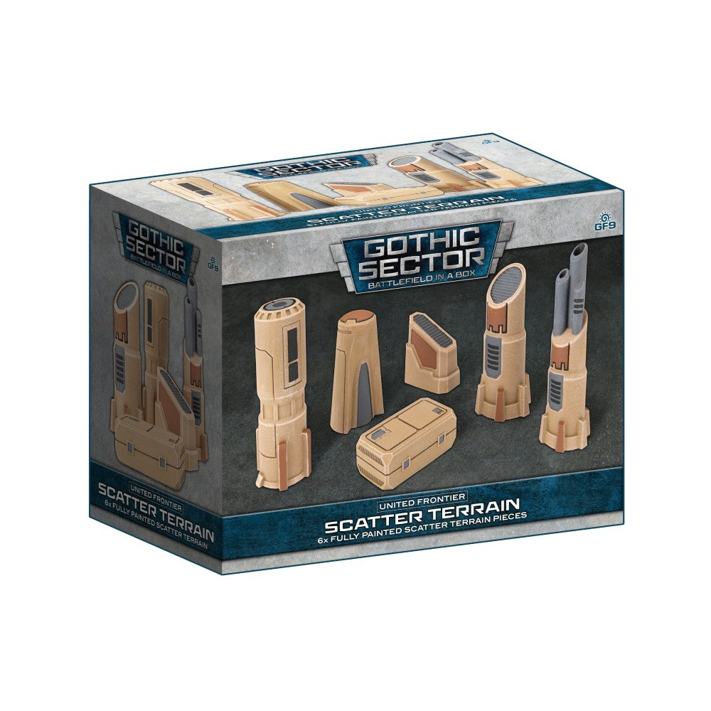 Gothic Sector Scatter Terrain box with 6 beige and gray futuristic miniature structures and a crate