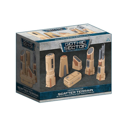 Gothic Sector Scatter Terrain box with 6 beige and gray futuristic miniature structures and a crate