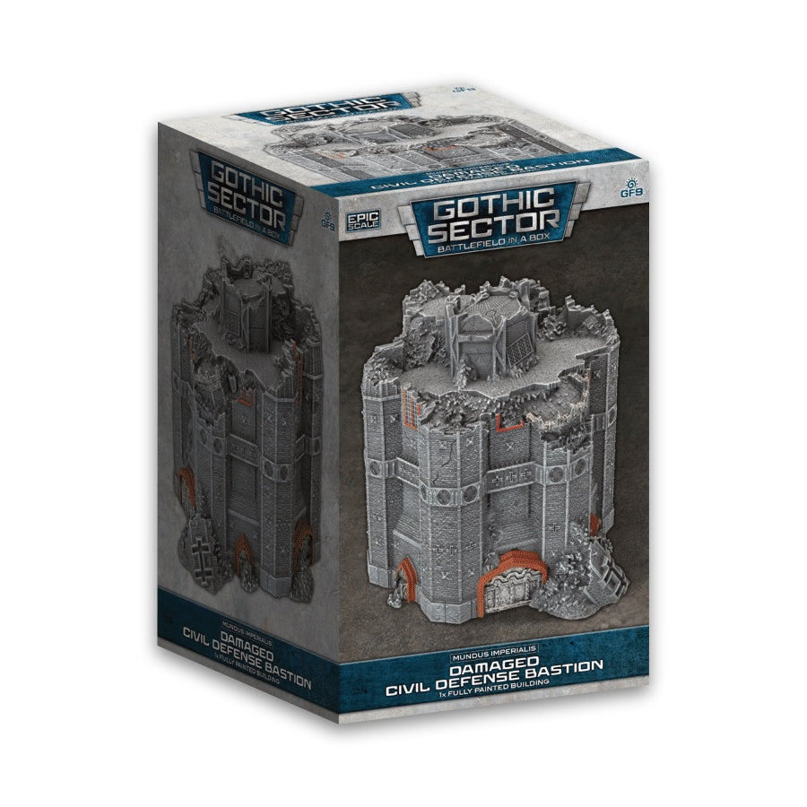 A Gothic Sector Battlefield in a Box featuring a damaged civil defense bastion miniature, shown both on the product packaging and as a separate grey model