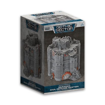 A Gothic Sector Battlefield in a Box featuring a damaged civil defense bastion miniature, shown both on the product packaging and as a separate grey model