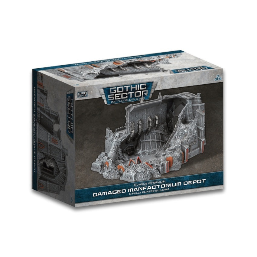 A box for Battlefield in a Box Gothic Sector Damaged Manufactorium Depot wargame terrain shows a ruined grey industrial building model with orange accents