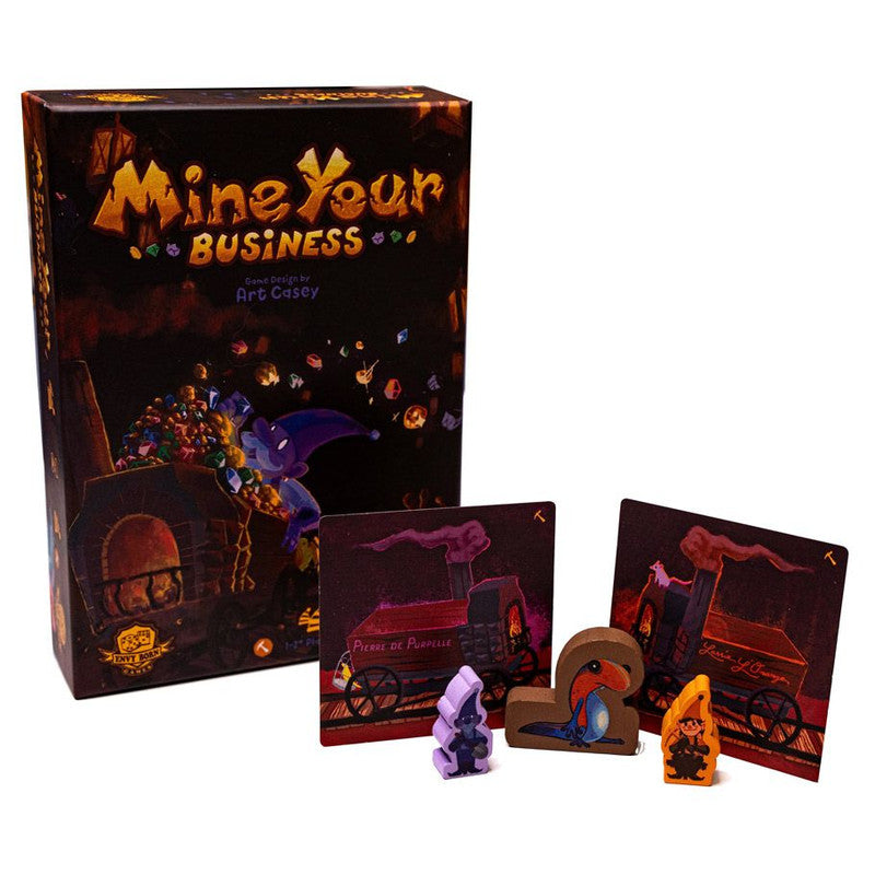 Mine Your Business board game box, cards, and figures