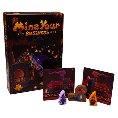Mine Your Business board game box, cards, and figures
