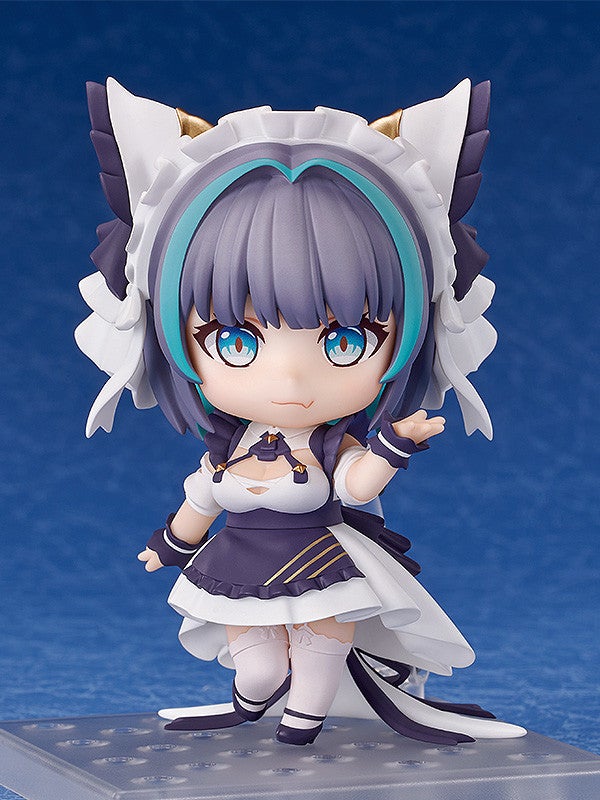 Nendoroid figure of a purple-haired girl in a maid outfit with cat ears and blue eyes