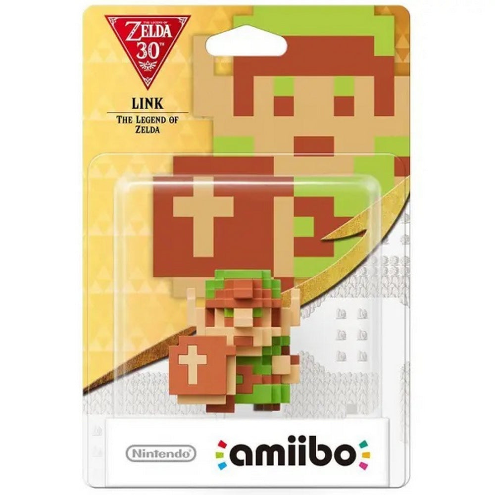 A Link Amiibo figure in 8-bit style, packaged for the Zelda 30th Anniversary