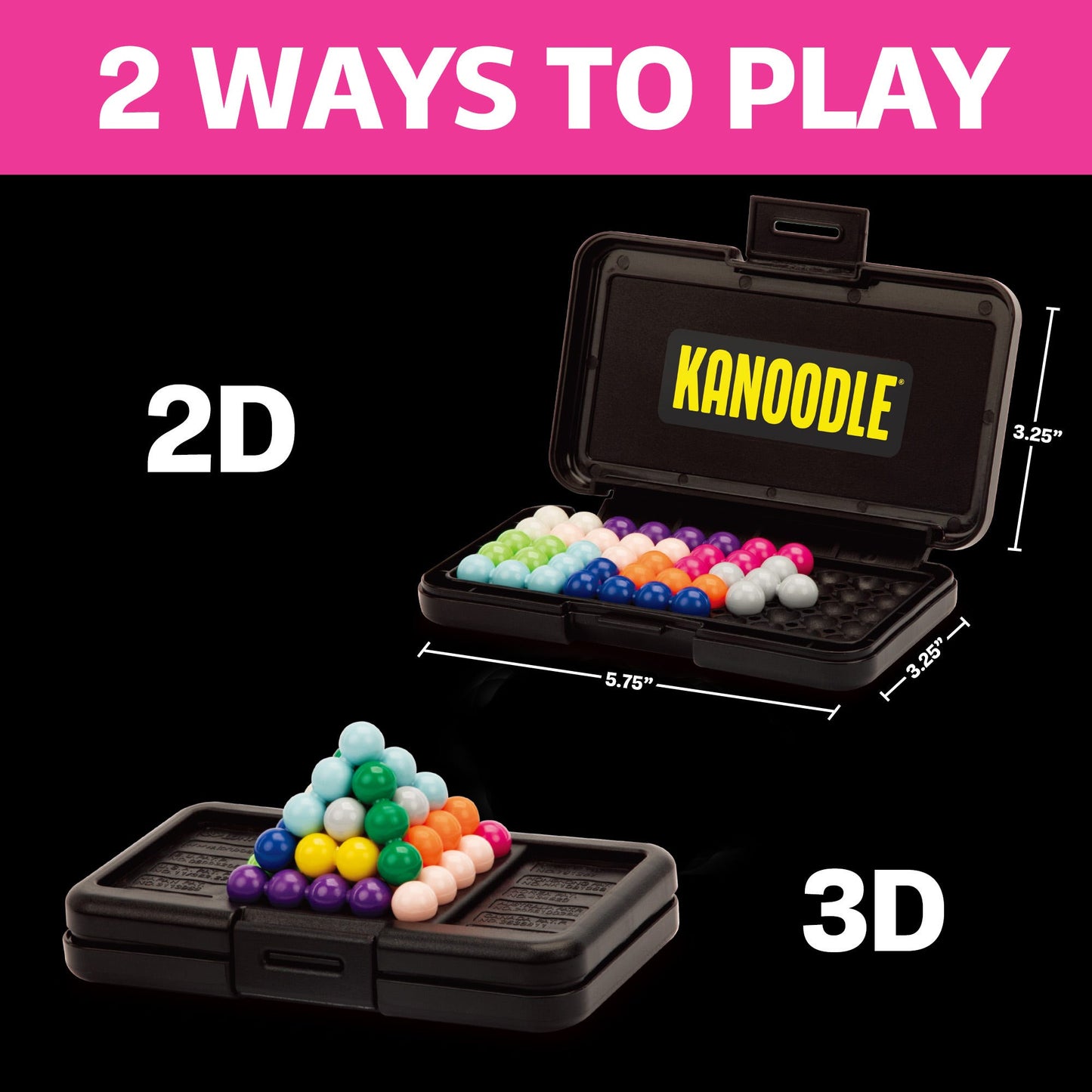 Kanoodle puzzle showing 2D flat piece arrangement in the case and a 3D colourful bead pyramid outside