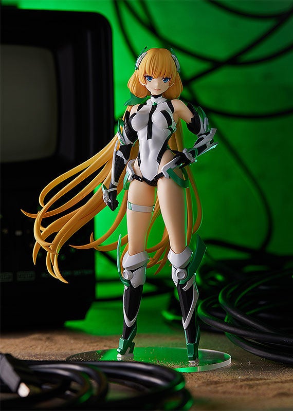 Anime figure in a white bodysuit with black and green armor accents