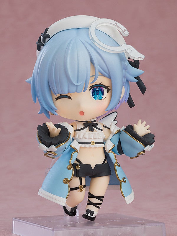 Nendoroid Rem 160 figure in a light blue coat and black shorts winking with blue eyes and light blue hair