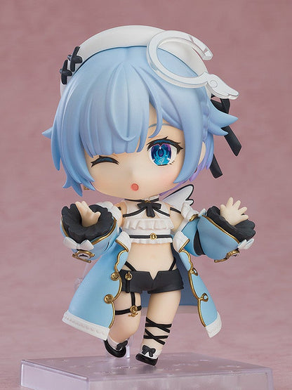 Nendoroid Rem 160 figure in a light blue coat and black shorts winking with blue eyes and light blue hair
