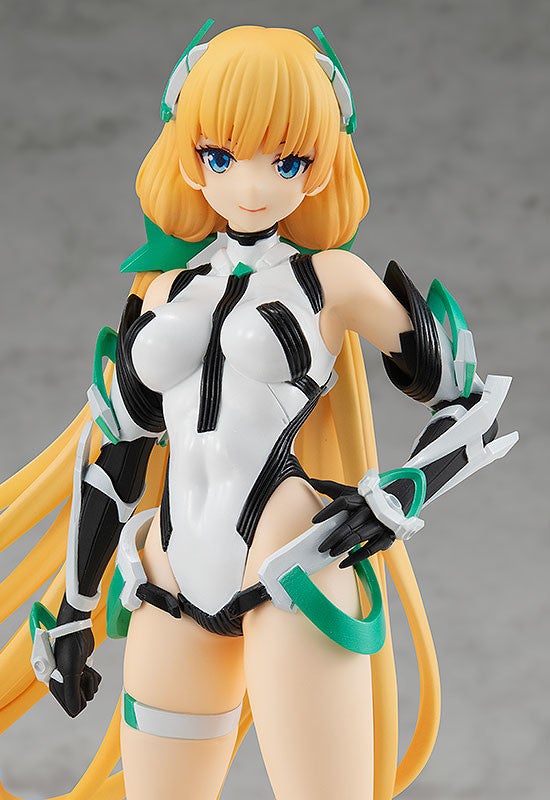 Blonde anime figure in a white and black futuristic swimsuit with green accents and long flowing hair