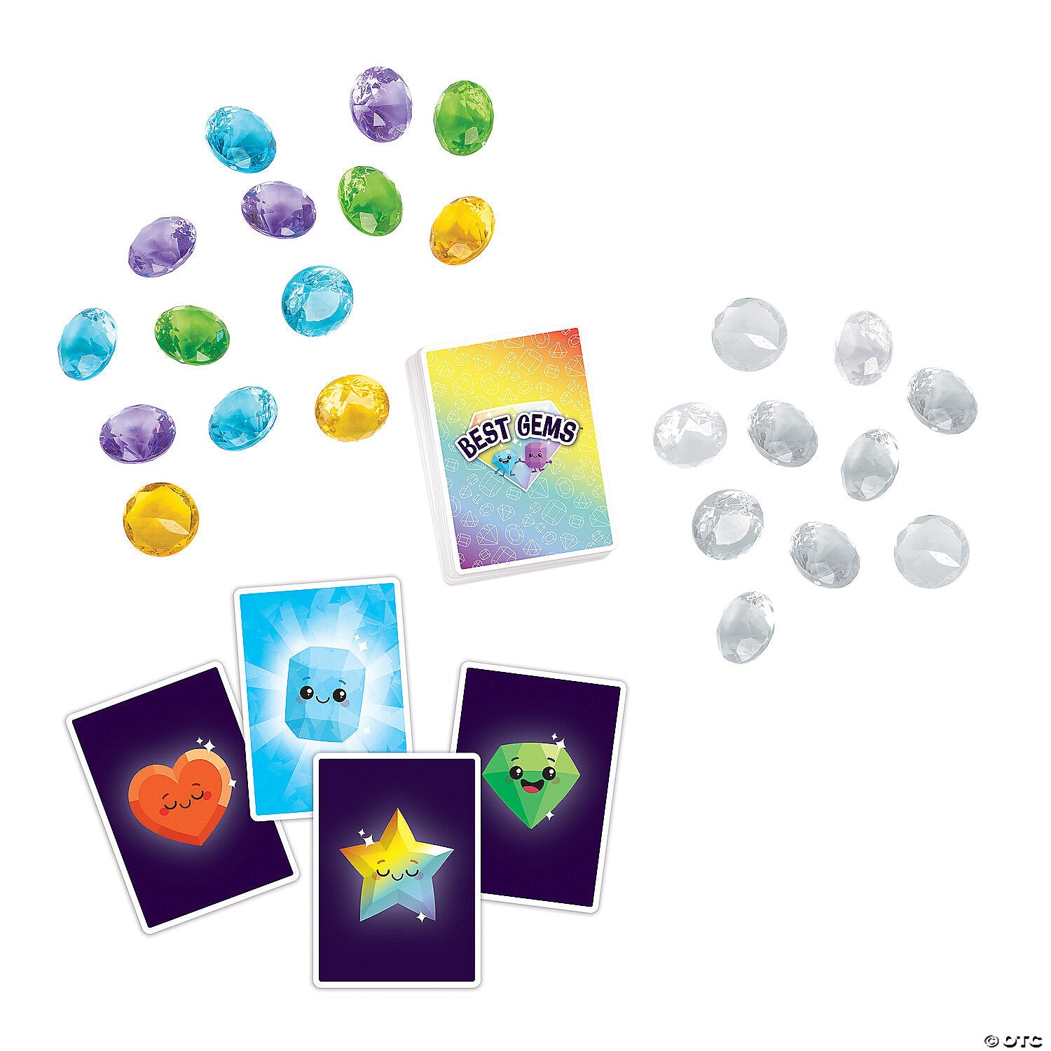 Best Gems family game showing cards with happy gem characters, plus colorful and clear plastic gem tokens