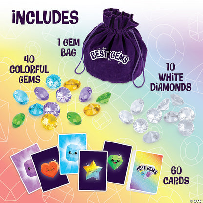 Best Gems family game set with a purple bag, colorful gems, white diamonds, and character cards