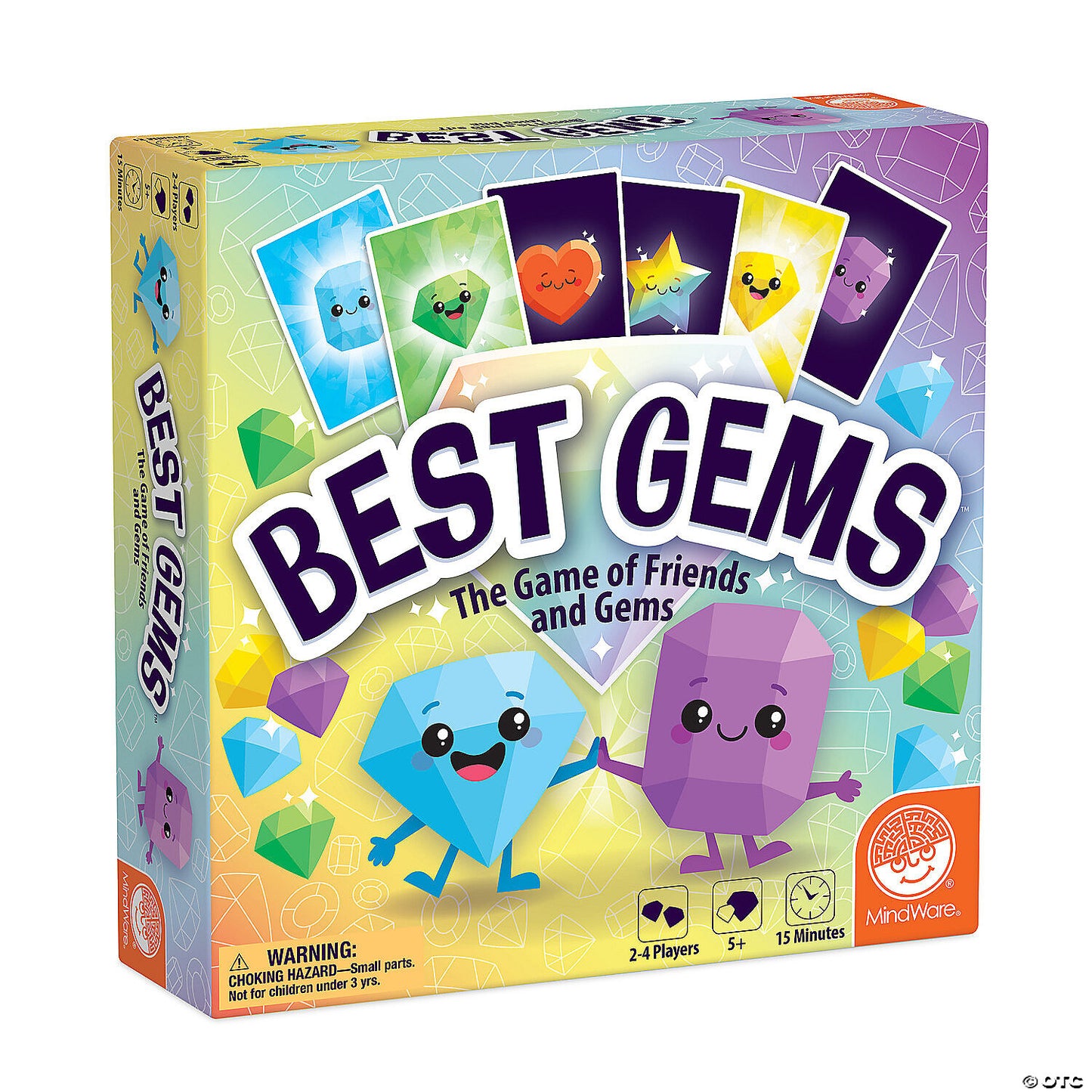 Best Gems family game box showing smiling blue diamond & purple octagon gems, game cards, & game details