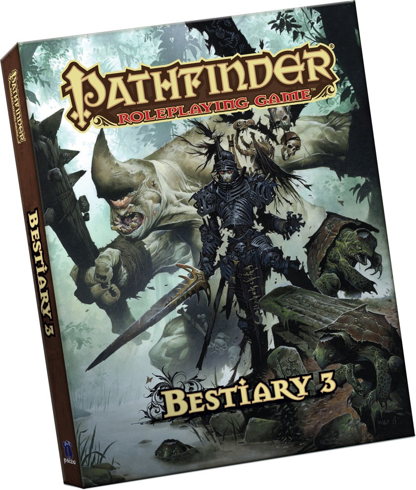 Pathfinder Bestiary 3 box cover featuring a pale giant, a dark warrior with sword, and snapping turtles