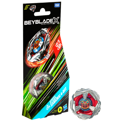Packaged Beyblade X Steel Samurai 4-80T toy, with an unboxed red and silver spinning top next to it