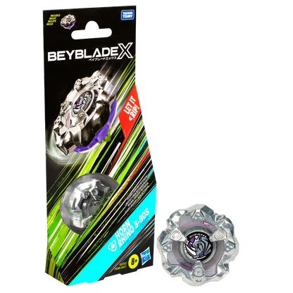 Packaged silver and purple Beyblade X 'Horn Rhino 3-80S' toy, with an identical unboxed toy beside it