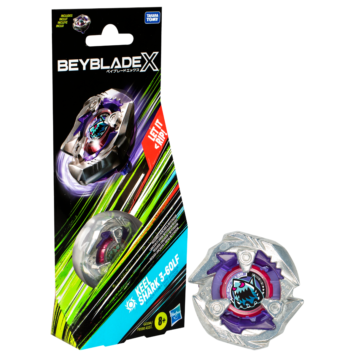 A Beyblade X 'Keel Shark 3-60LF' toy. One purple/silver top in package, another unpacked. Box says 'LET IT RIP!'