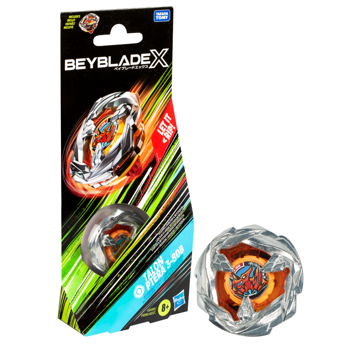 A black and green Beyblade X package featuring a silver and orange Beyblade, with an identical unboxed Beyblade to the right