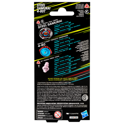 Beyblade Steel Samurai 4-80T packaging back, displaying combat stats for its Blade, Ratchet, and Bit parts