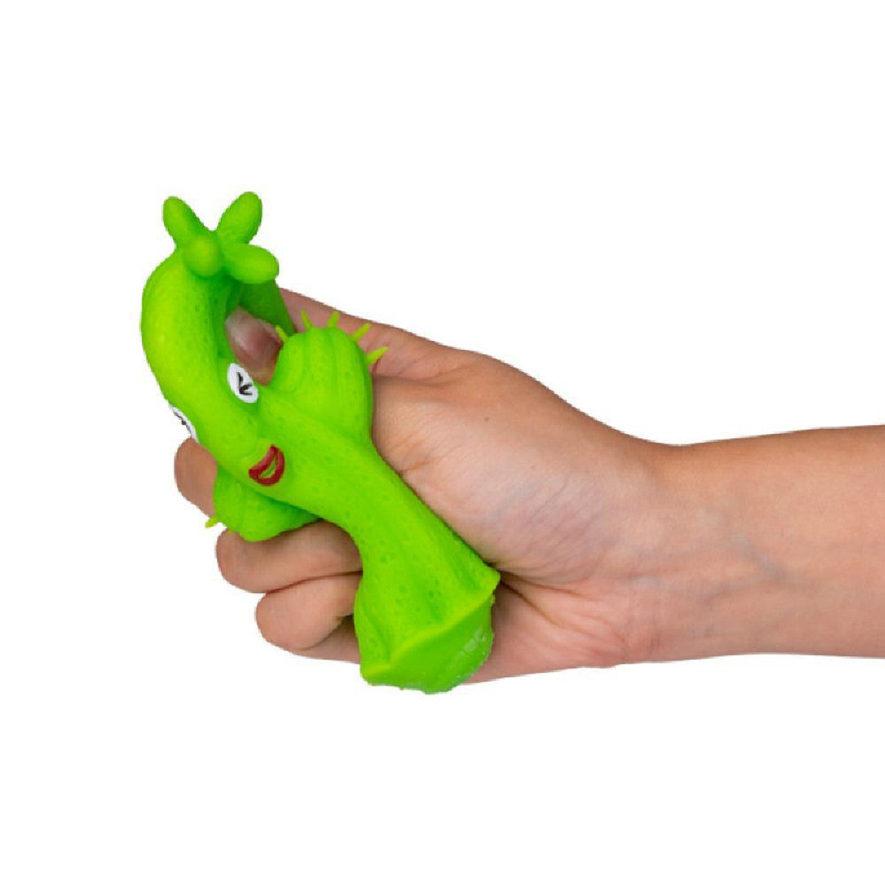 Hand squeezing a bright green, flexible stress toy shaped like a cactus