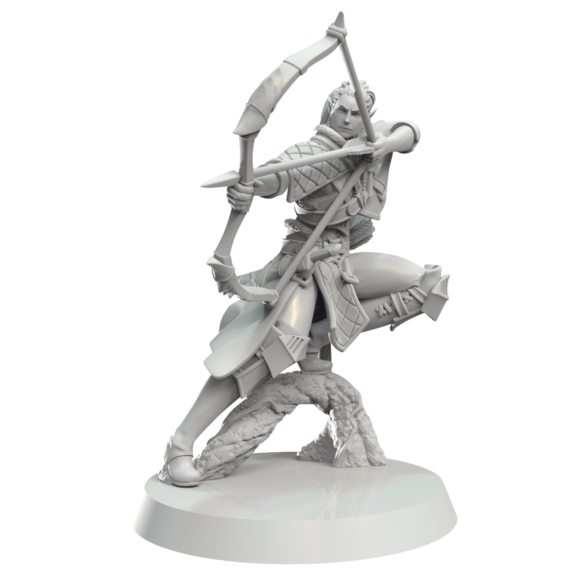 Grey unpainted miniature of an elf archer drawing a bow and arrow