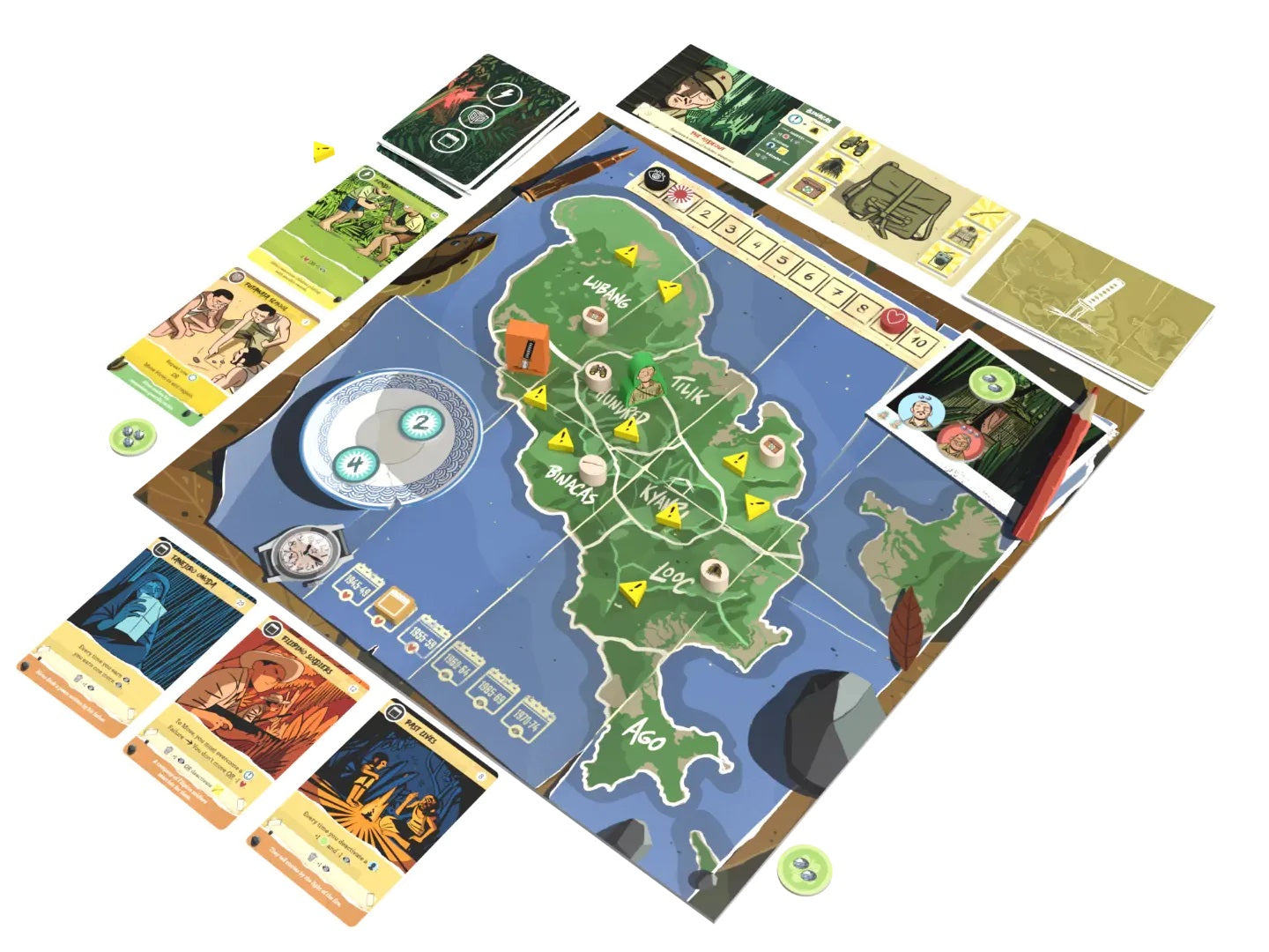 Overhead view of a detailed Onada board game setup, featuring an island map board, illustrated cards, and tokens