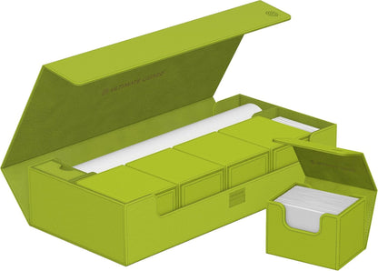 Lime green Ultimate Guard storage case open, showing modular deck boxes filled with trading cards