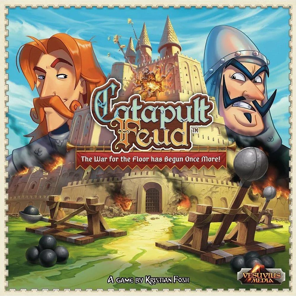 Catapult Feud game cover: Two opposing knights flank a castle exploding from catapult fire, with catapults foreground