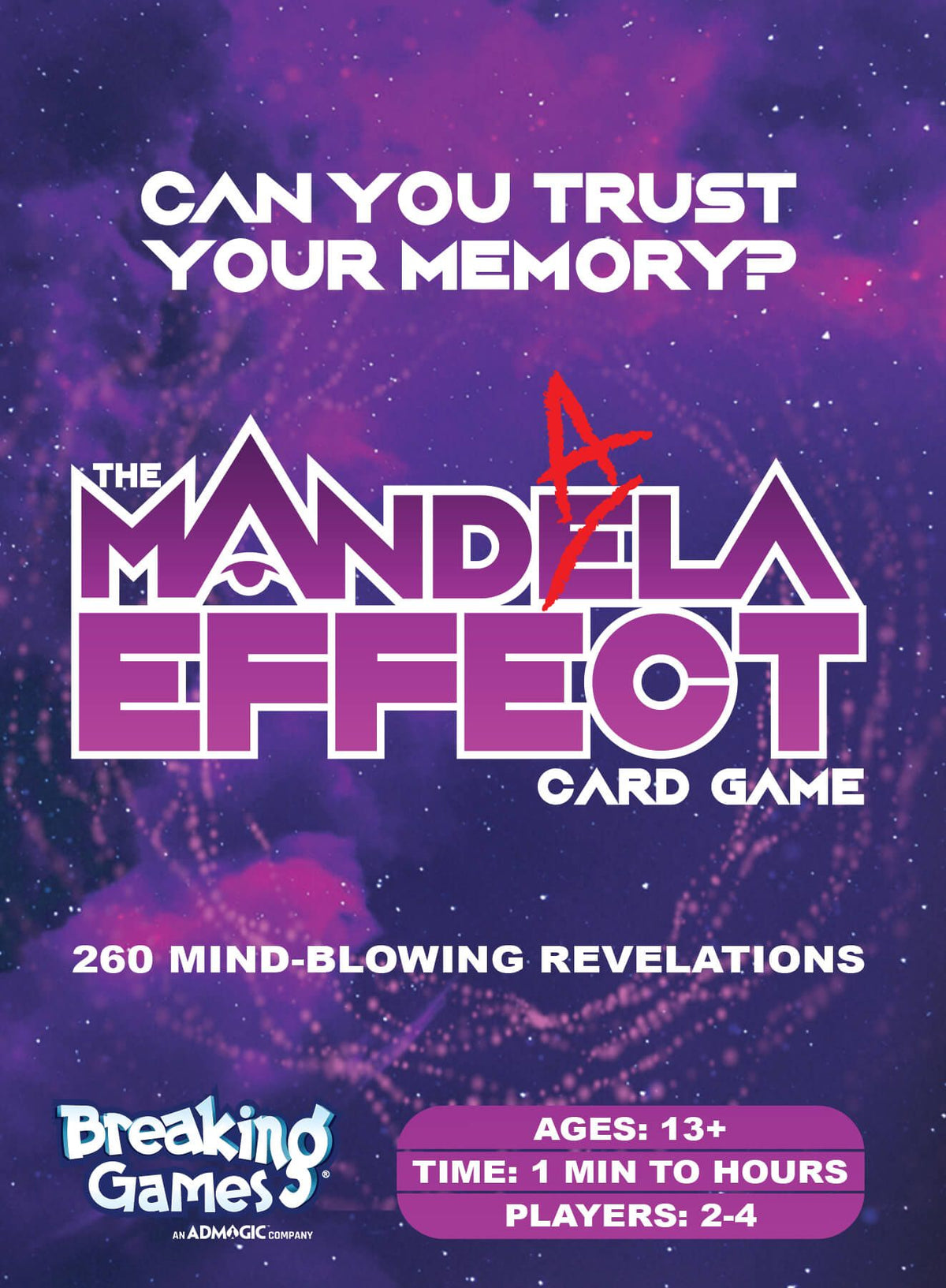 Cover for &#39;The Mandela Effect Card Game.&#39; Purple galaxy background, title in white and purple with a red scratch, asks &#39;Can you trust your memory?&#39;