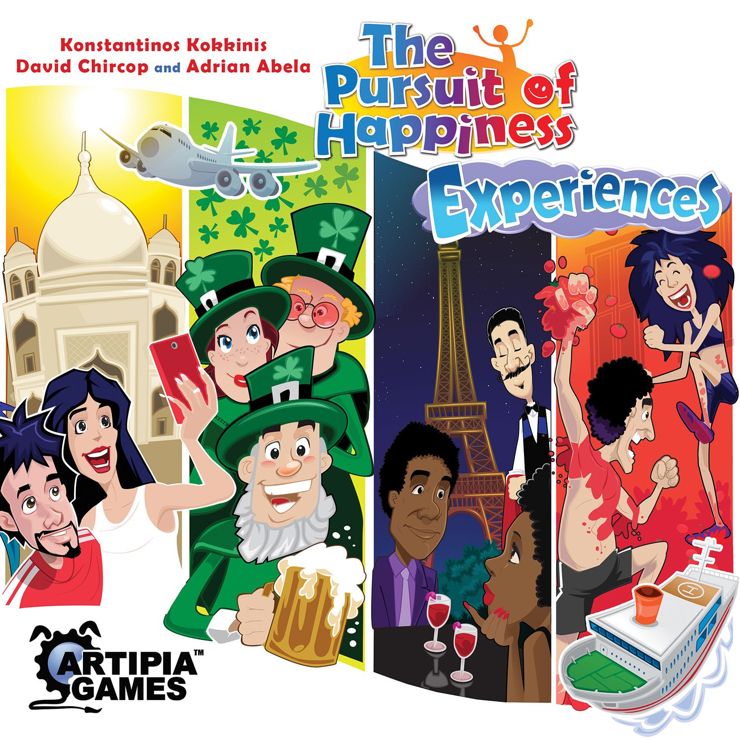 People joyfully engaged in diverse global experiences: selfies at Taj Mahal, wine by Eiffel Tower, a festive tomato fight