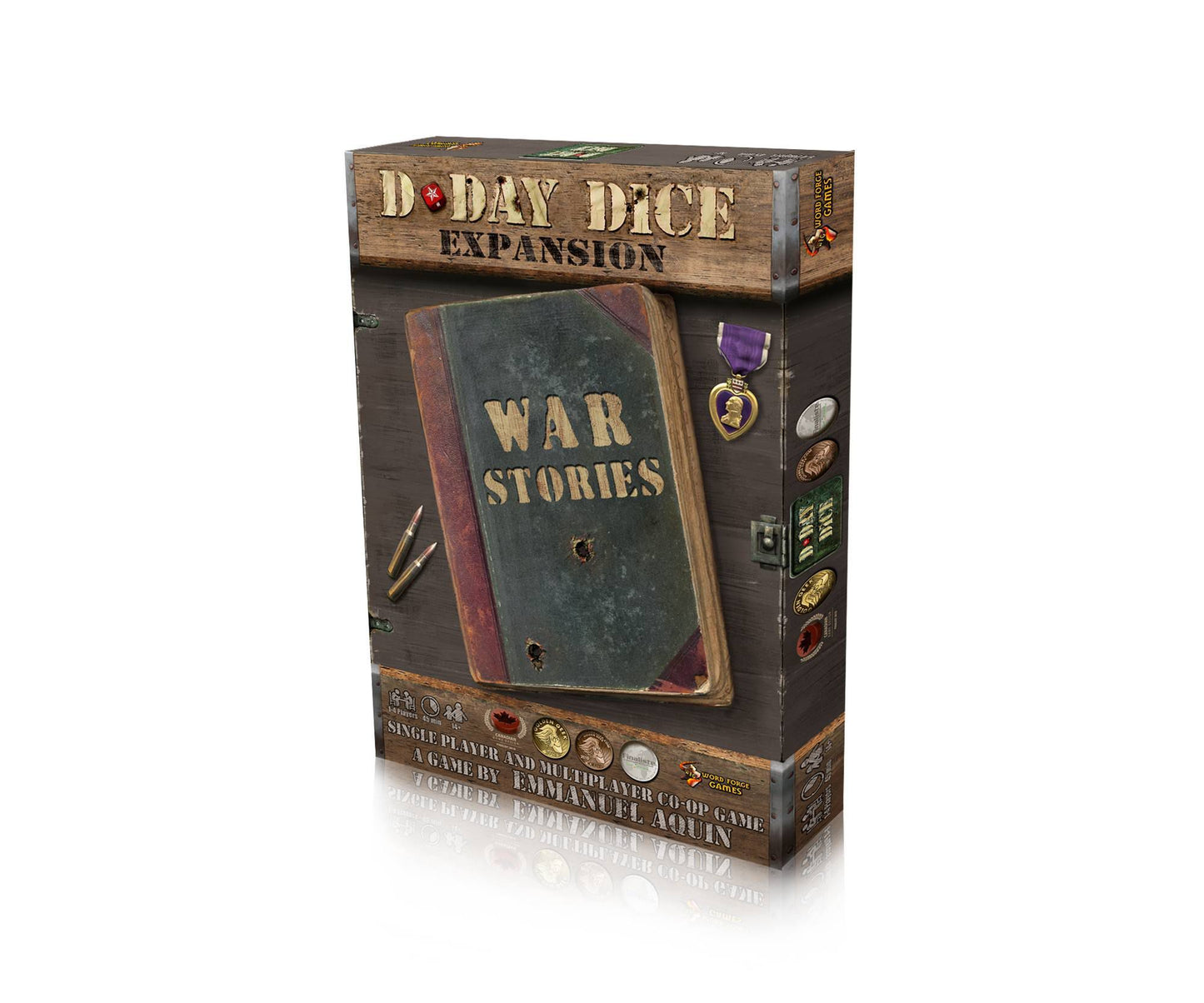 D-Day Dice: War Stories board game expansion box with a bullet-holed book, rifle cartridges, and a Purple Heart medal