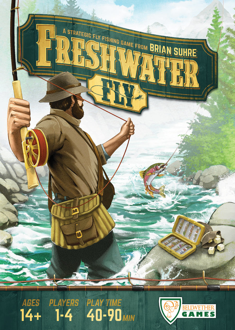 Freshwater Fly game cover: A fly fisherman catches a jumping rainbow trout in a river.