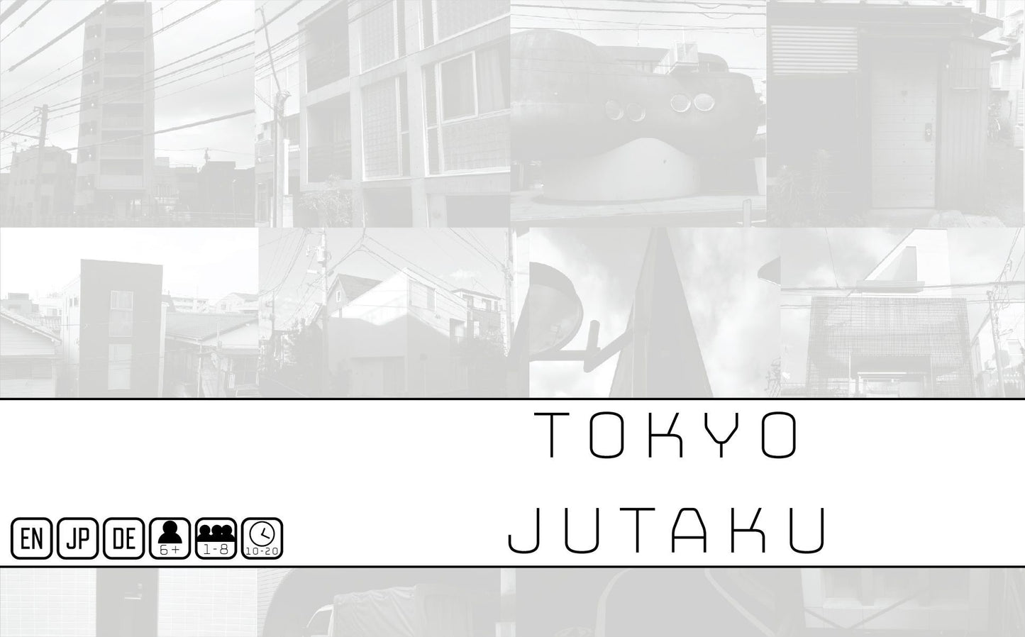 A grid of faded Tokyo architecture photos above the title Tokyo Jutaku and icons for language, age, players, and play time